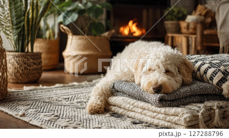 Fluffy White Dog Sleeping on a Blanket by a Fireplace Fluffy White Dog Sleeping on a Blanket by a Fireplace 127288796