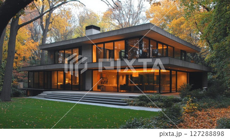Modern Concrete House with Large Windows in Autumn Foliage 127288898