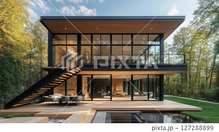 Modern Two-Story House with Large Windows and Deck Surrounded by Trees 127288899