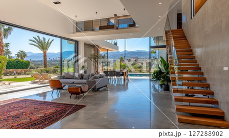 Modern Living Room with Panoramic Mountain View and Wooden Staircase 127288902