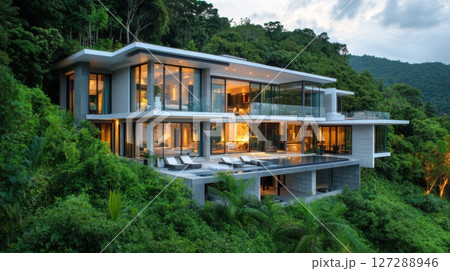 Modern Cliffside Villa with Infinity Pool and Lush Greenery 127288946