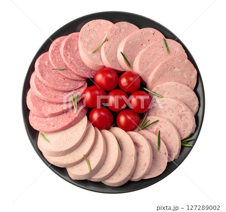 Various boiled sausages with tomatoes and rosemary isolated on a white background. 127289002