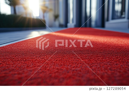Close-up of red carpet at the entrance to the building. Generated by artificial intelligence 127289054