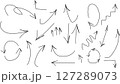 Vector illustration of a set of hand-drawn black arrows on a white background. This collection includes various arrow styles such as curved, straight, zigzag, looped, and spiral arrows in a doodle 127289073