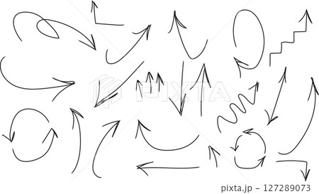 Vector illustration of a set of hand-drawn black arrows on a white background. This collection includes various arrow styles such as curved, straight, zigzag, looped, and spiral arrows in a doodle Vector illustration of a set of hand-drawn black arrows on a white background. This collection includes various arrow styles such as curved, straight, zigzag, looped, and spiral arrows in a doodle 127289073