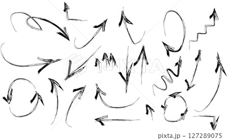 Vector illustration of a set of hand-drawn black arrows on a white background. This collection includes various arrow styles such as curved, straight, zigzag, looped, and spiral arrows in a doodle 127289075