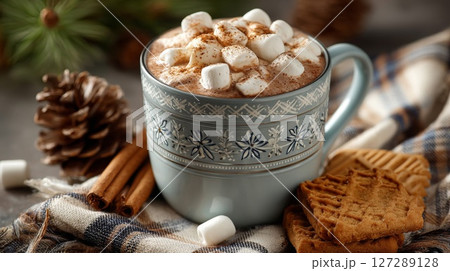 Warm Hot Chocolate with Marshmallows and Cookies 127289128