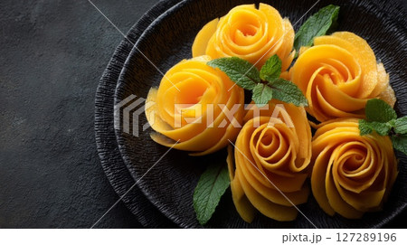 Orange Mango Roses on Dark Plate 127289196