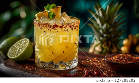 Spicy Pineapple Cocktail with Chili Rim 127289202