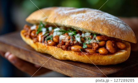 Savory Bean Sandwich on Wooden Board Savory Bean Sandwich on Wooden Board 127289205
