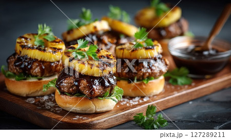 Grilled Pineapple Burgers with BBQ Sauce on Wooden Board 127289211