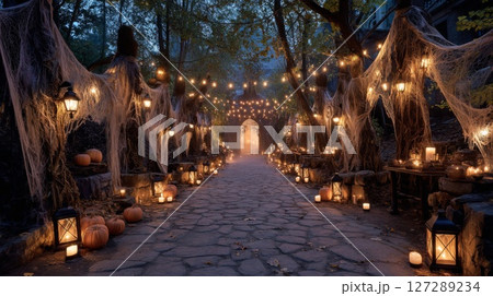 Spooky Halloween Pathway with Cobwebs Pumpkins and Lanterns 127289234