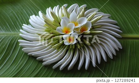 White Plumeria Flower Arrangement on Green Banana Leaf White Plumeria Flower Arrangement on Green Banana Leaf 127289241
