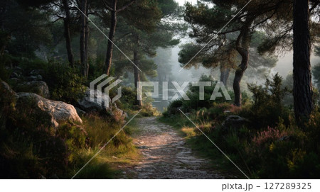 Misty Forest Path at Sunrise 127289325