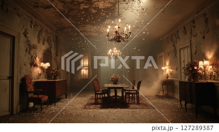 Mysterious Abandoned Room with Confetti and Chandelier 127289387