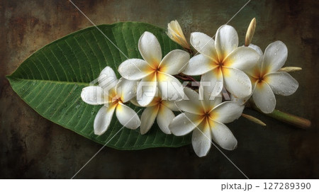 White Plumeria Flowers with Dew Drops on Green Leaf 127289390