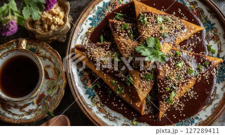 Overhead Shot of Triangular Tortillas in Rich Mole Sauce Topped with Sesame Seeds and Parsley 127289411