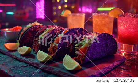 Purple Tacos and Cocktails in a Vibrant Night Setting 127289438