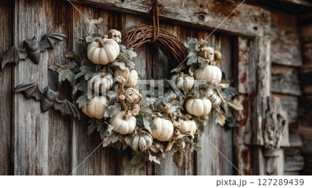 Rustic White Pumpkin Halloween Wreath on Weathered Wooden Door 127289439