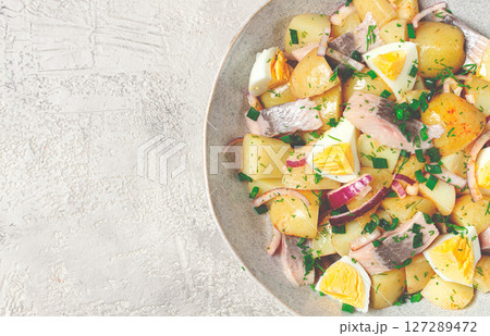 potato salad with herring and eggs, Scandinavian cuisine, homemade, no people, potato salad with herring and eggs, Scandinavian cuisine, homemade, no people, 127289472