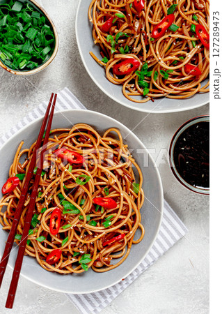 udon noodles, with shimeji mushrooms, vegetables, in sauce, with sesame seeds, green onions, Asian vegetarian food, horizontal, without people, udon noodles, with shimeji mushrooms, vegetables, in sauce, with sesame seeds, green onions, Asian vegetarian food, horizontal, without people, 127289473