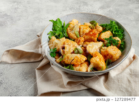 fried cauliflower salad, with spices and herbs, homemade, no people, 127289477