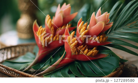 Red and Orange Tropical Flowers on Green Leaves 127289580