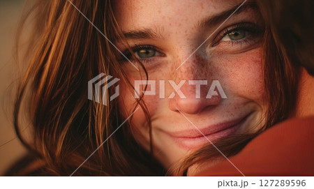 Close Up Portrait of a Young Woman with Freckles and Red Hair 127289596