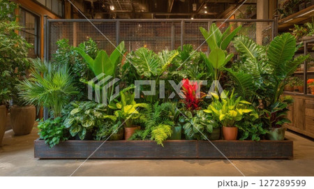 Lush Green Tropical Plants in Rustic Planters 127289599