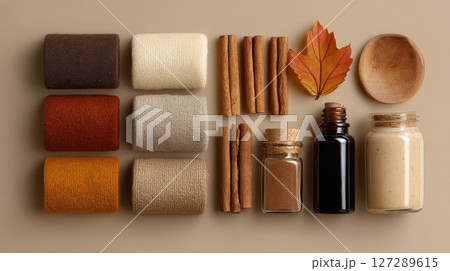 Autumnal Bath Products Flatlay with Cinnamon and Neutral Colors 127289615
