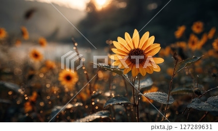Single Dew-Covered Sunflower at Sunrise Single Dew-Covered Sunflower at Sunrise 127289631