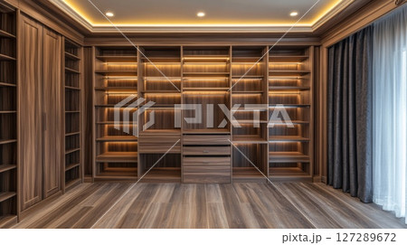 Modern Walk-in Closet with Wooden Shelving and LED Lighting Modern Walk-in Closet with Wooden Shelving and LED Lighting 127289672