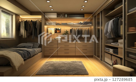 Modern Walk-In Closet with Bed and Wooden Accents 127289685