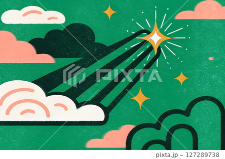 Illustration, modern style, showing stars shining amidst clouds and green sky, conveying inspiration, creativity, hope, positive energy, design, media that needs freshness. Illustration, modern style, showing stars shining amidst clouds and green sky, conveying inspiration, creativity, hope, positive energy, design, media that needs freshness. 127289738