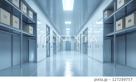 Empty Storage Corridor with Metal Shelving and Closed Doors 127289757