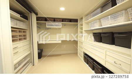 White Closet with Baskets, Drawers, and Storage Bins 127289758