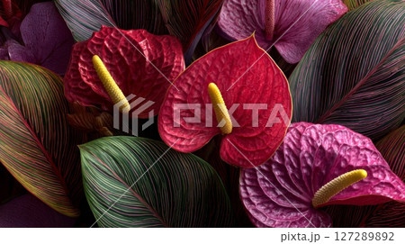 Vibrant Red Pink Anthurium Flowers Close Up 127289892