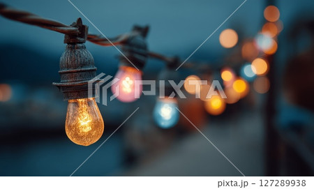 Close-Up of Frosted String Lights at Dusk 127289938