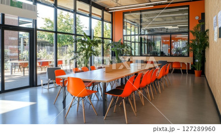 Modern Office Interior with Orange Chairs and Large Windows 127289960