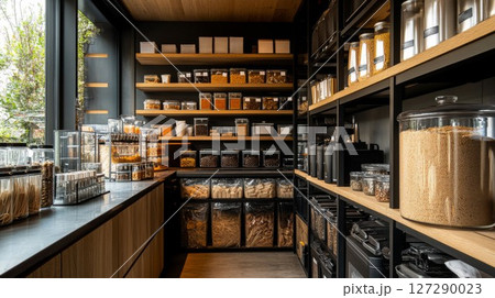 A Well-Organized Pantry with Various Dry Goods and Spices 127290023