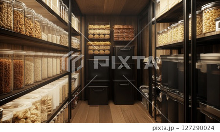 Well-Organized Pantry with Glass Jars and Black Bins 127290024