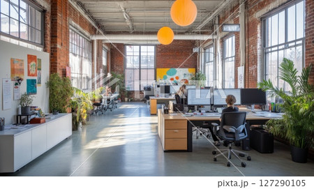Modern Office Space with Brick Walls, Large Windows, and Plants Modern Office Space with Brick Walls, Large Windows, and Plants 127290105