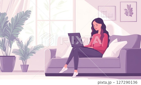 Woman Relaxing on Couch, Using Laptop, Indoor Setting 127290136