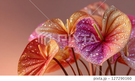 Close Up of Glittering Pink and Orange Anthurium Flowers 127290160
