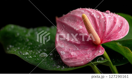 Pink Anthurium Flower with Water Drops on Dark Background 127290161