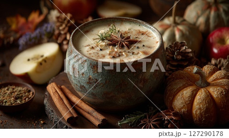 Warm Autumnal Apple and Spice Soup in Rustic Bowl 127290178