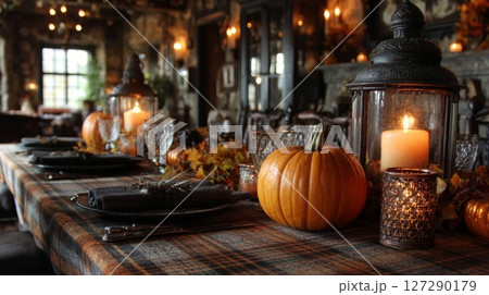 Rustic Autumn Table Setting with Pumpkins and Candles 127290179