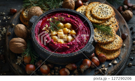 Red Beetroot Hummus with Chickpeas Walnuts and Crackers 127290206