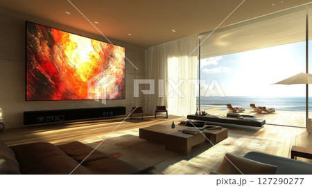 Modern living room with ocean view and abstract artwork 127290277