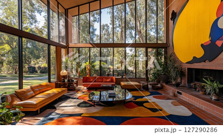 Modern Living Room with Floor-to-Ceiling Windows and Abstract Wall Art Modern Living Room with Floor-to-Ceiling Windows and Abstract Wall Art 127290286